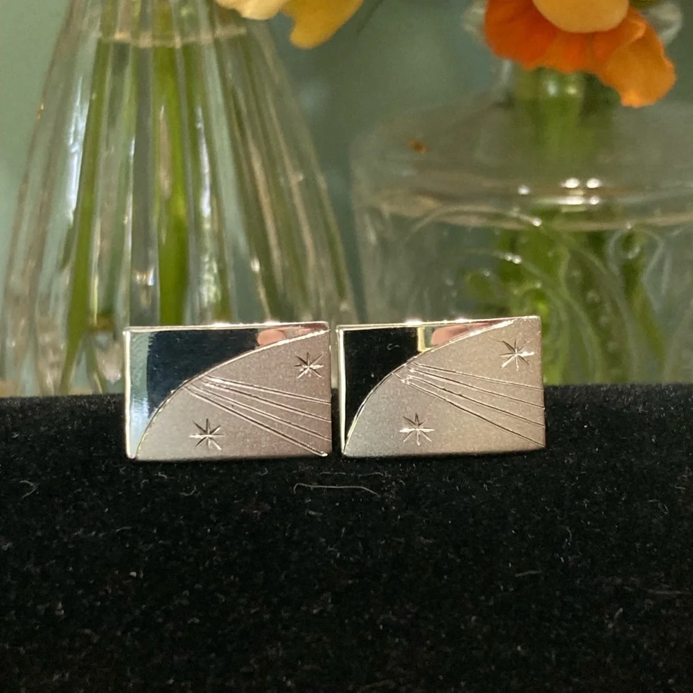 Vintage Sterling Silver brushed/high polish starburst rectangular cuff links